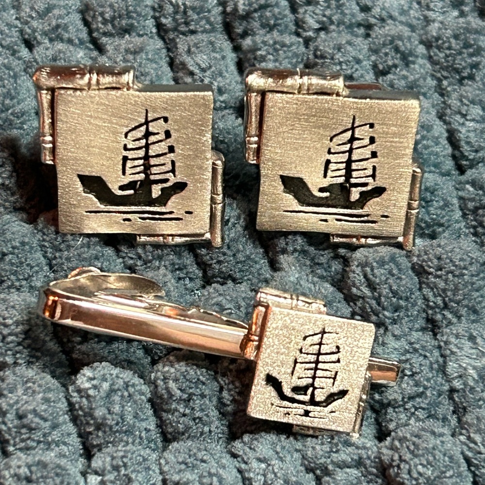 Shields Oriental Ship Cuff Links and Tie Clip